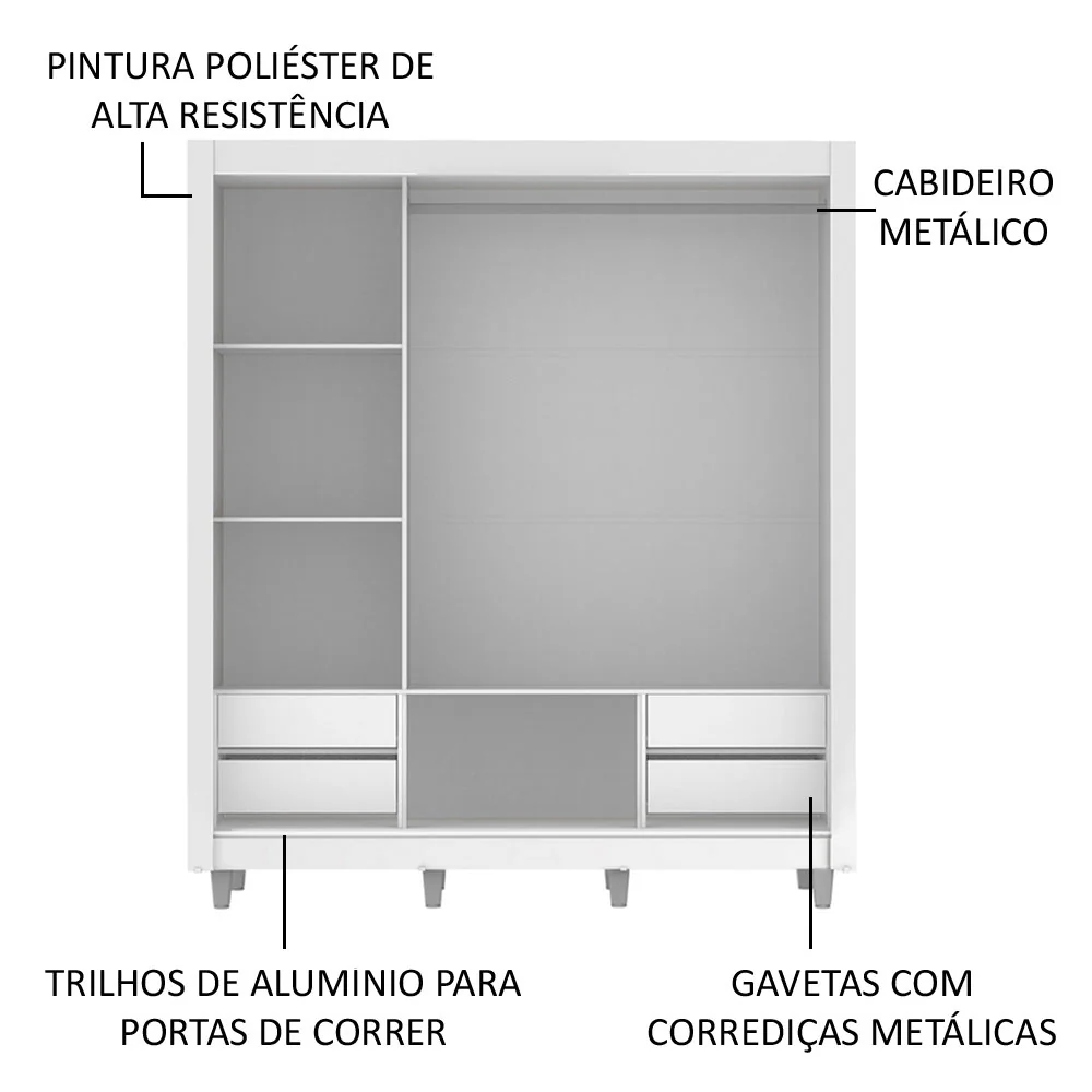 Guarda-Roupa Casal Madesa Lyon Plus 3 Portas de Correr 4 Gavetas com Pés Branco - Image 5