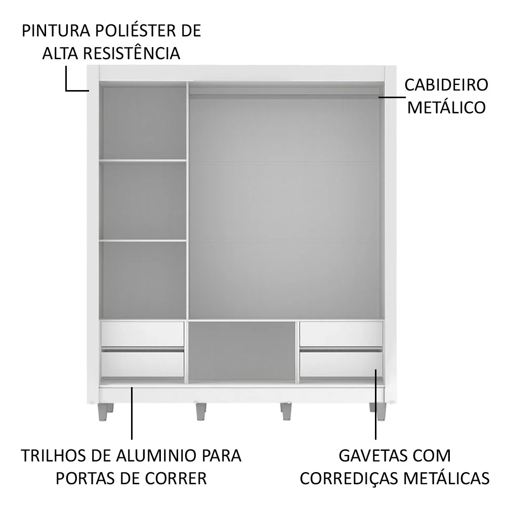 Guarda-Roupa Casal Madesa Lyon Plus 3 Portas de Correr 4 Gavetas com Pés Branco/Rustic - Image 5