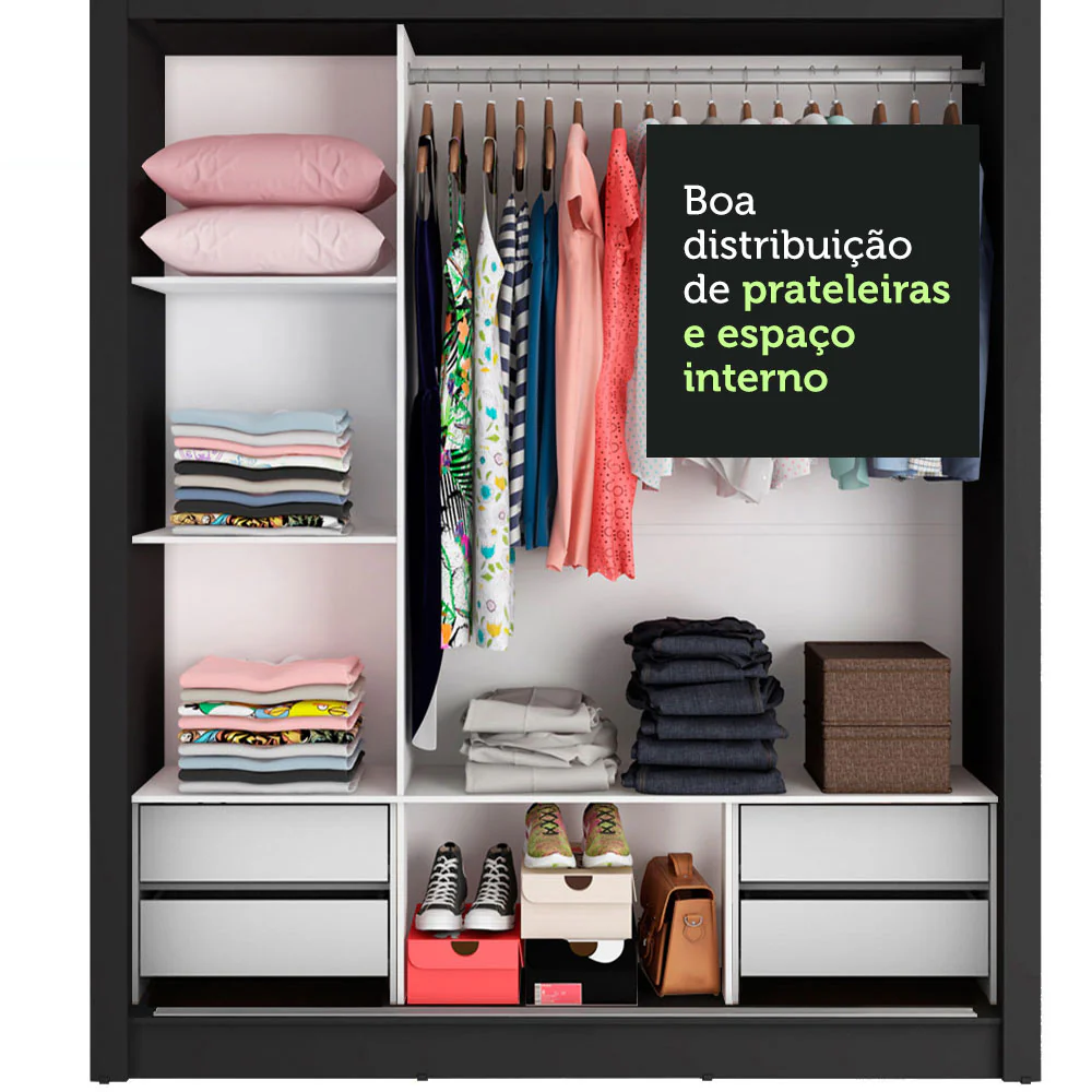 Guarda-Roupa Casal Madesa Lyon Plus 3 Portas de Correr 4 Gavetas Preto/Branco - Image 7