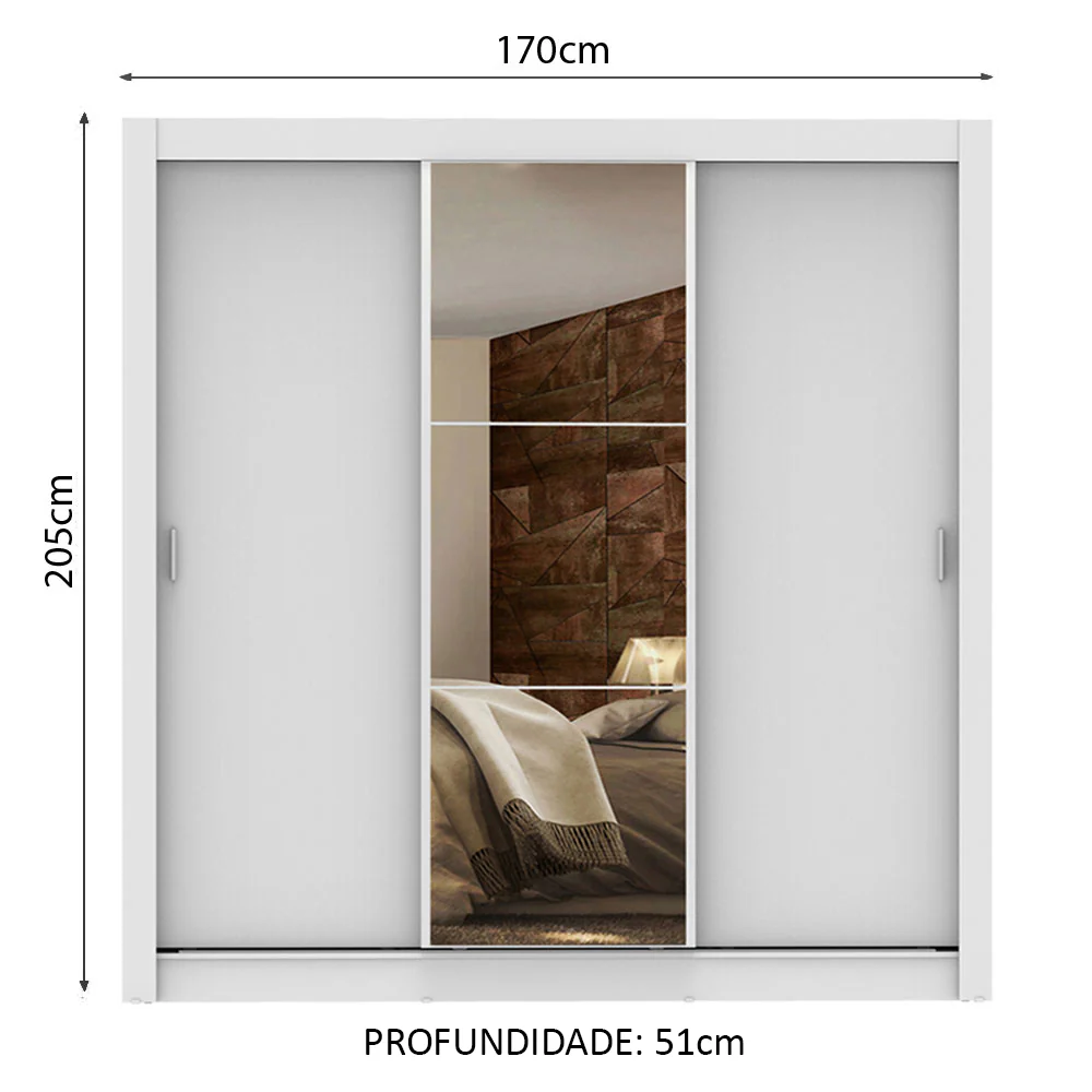 Guarda-Roupa Casal Madesa Lyon Plus 3 Portas de Correr com Espelho 4 Gavetas Branco - Image 3