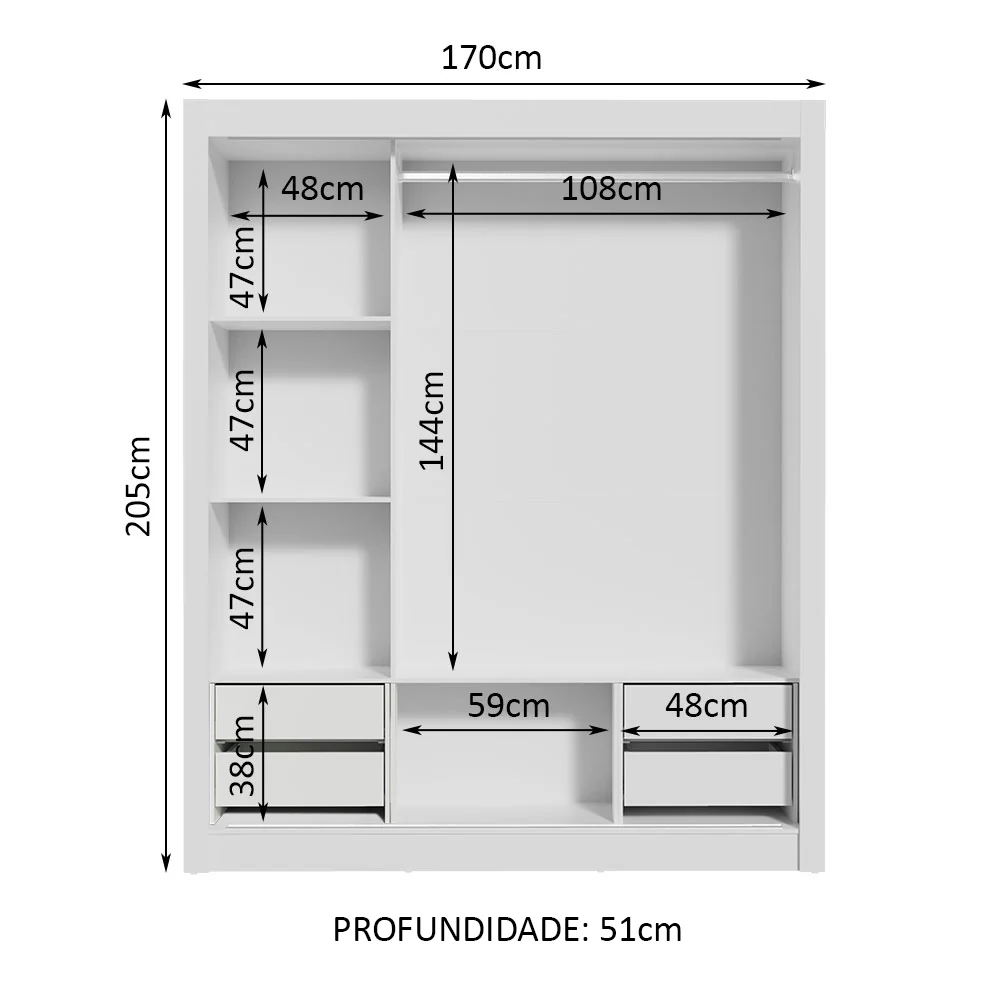 Guarda-Roupa Casal Madesa Lyon Plus 3 Portas de Correr com Espelho 4 Gavetas Branco/Preto - Image 4