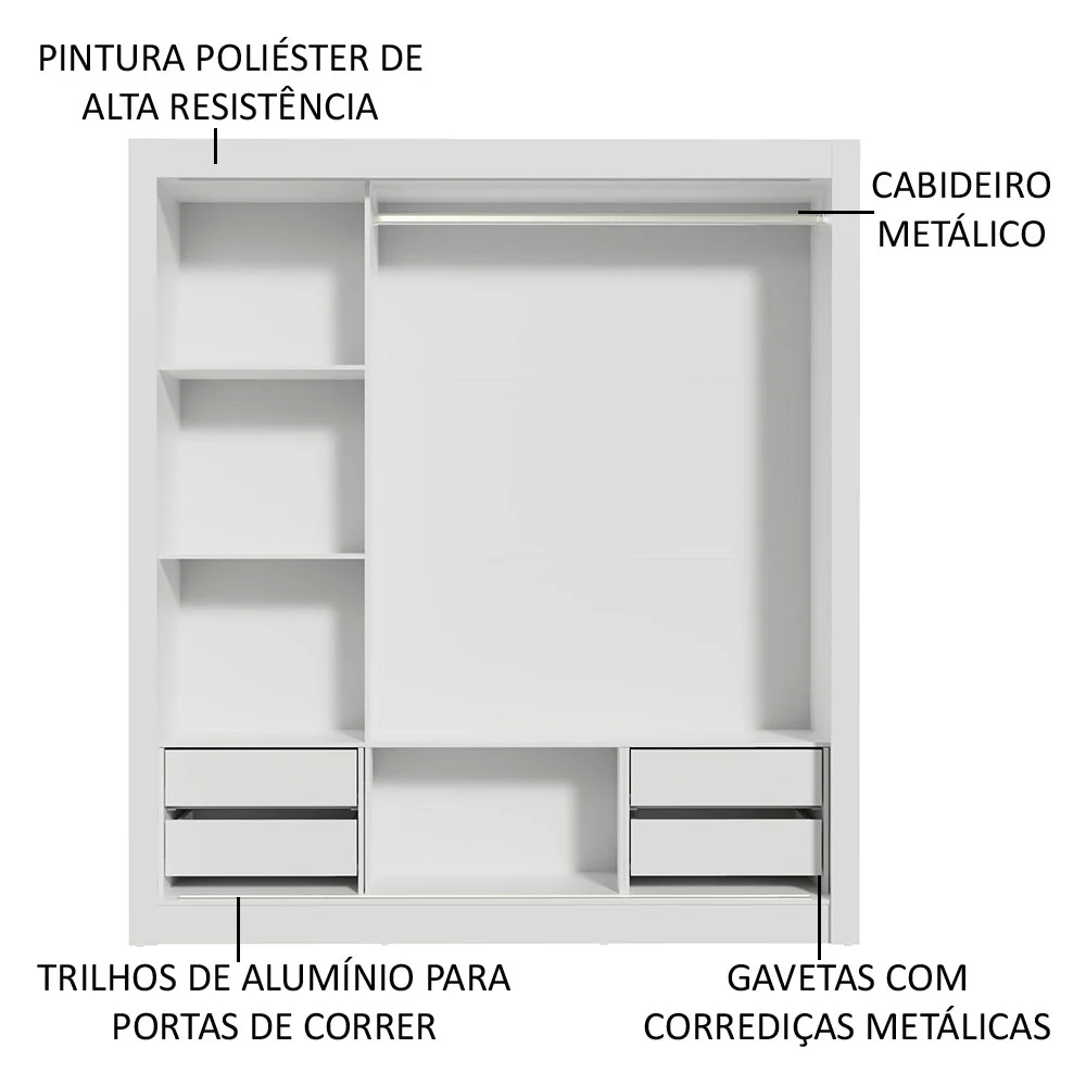 Guarda-Roupa Casal Madesa Lyon Plus 3 Portas de Correr com Espelho 4 Gavetas Branco/Preto - Image 6