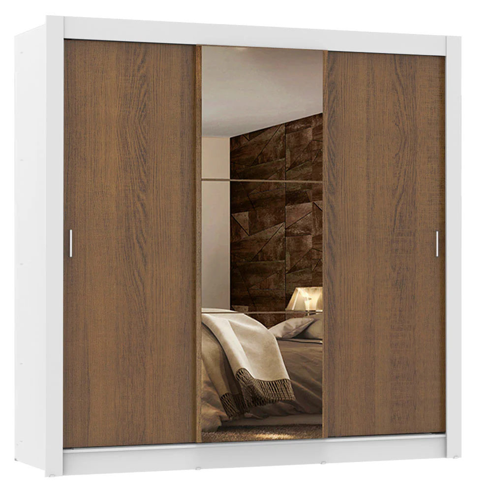 Guarda-Roupa Casal Madesa Lyon Plus 3 Portas de Correr com Espelho 4 Gavetas Branco/Rustic - Image 2