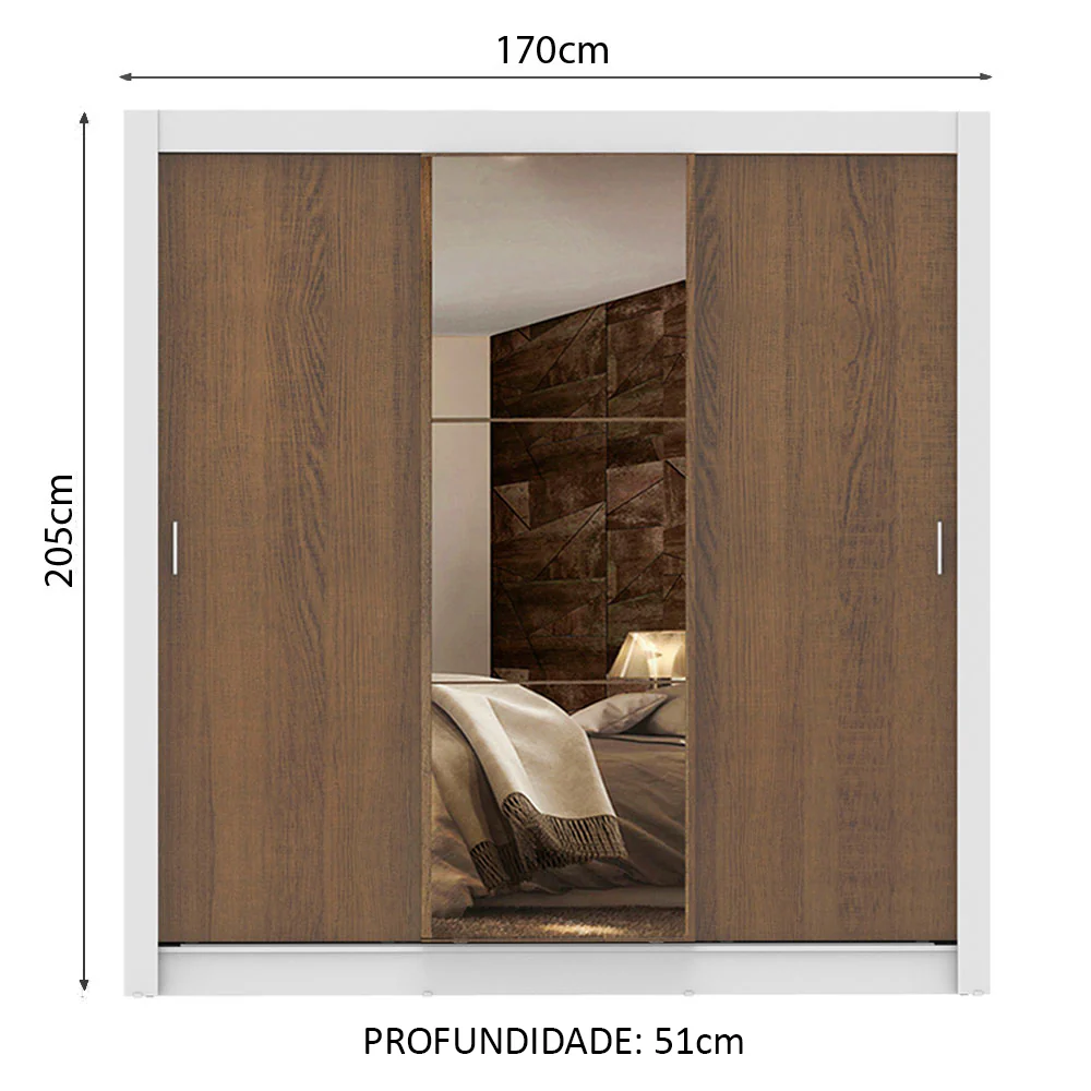 Guarda-Roupa Casal Madesa Lyon Plus 3 Portas de Correr com Espelho 4 Gavetas Branco/Rustic - Image 3