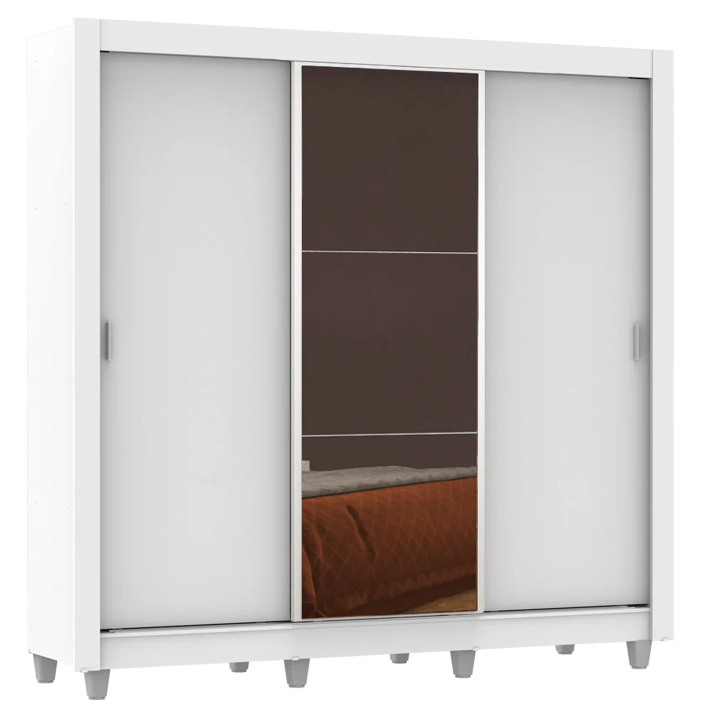 Guarda-Roupa Casal Madesa Lyon Plus 3 Portas de Correr com Espelho 4 Gavetas com Pés Branco - Image 2