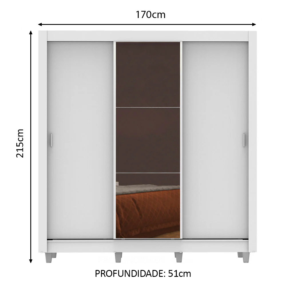 Guarda-Roupa Casal Madesa Lyon Plus 3 Portas de Correr com Espelho 4 Gavetas com Pés Branco - Image 3