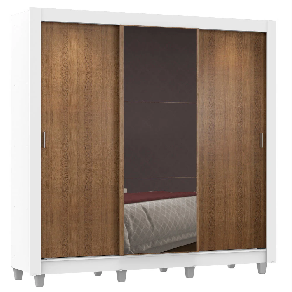 Guarda-Roupa Casal Madesa Lyon Plus 3 Portas de Correr com Espelho 4 Gavetas com Pés Branco/Rustic - Image 2