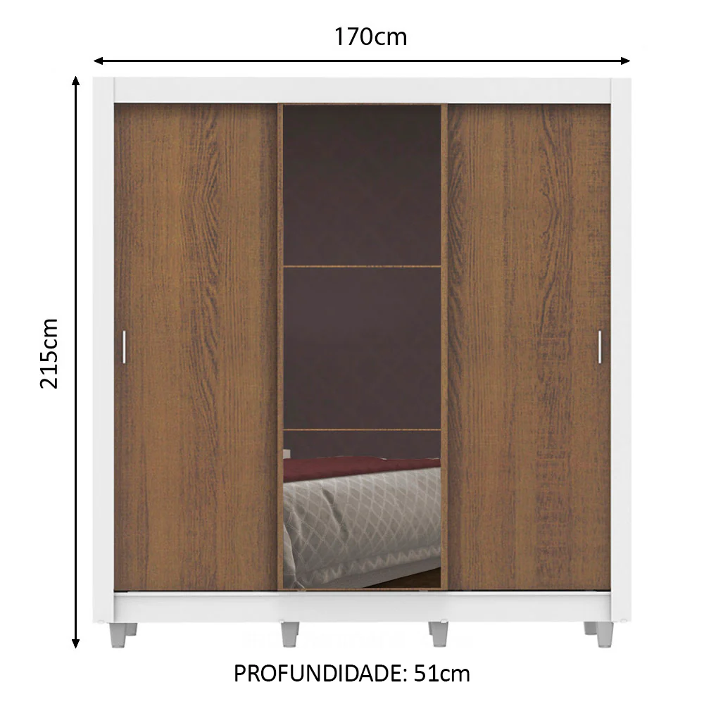 Guarda-Roupa Casal Madesa Lyon Plus 3 Portas de Correr com Espelho 4 Gavetas com Pés Branco/Rustic - Image 3