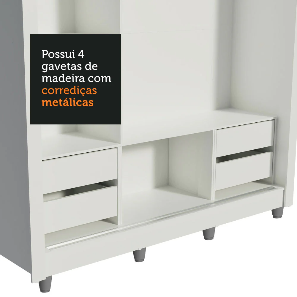 Guarda-Roupa Casal Madesa Lyon Plus 3 Portas de Correr com Espelho 4 Gavetas com Pés Branco/Rustic - Image 8
