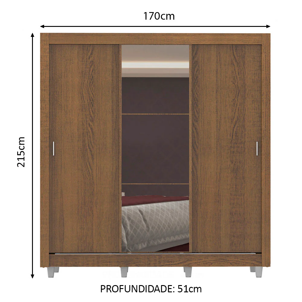 Guarda-Roupa Casal Madesa Lyon Plus 3 Portas de Correr com Espelho 4 Gavetas com Pés Rustic - Image 3