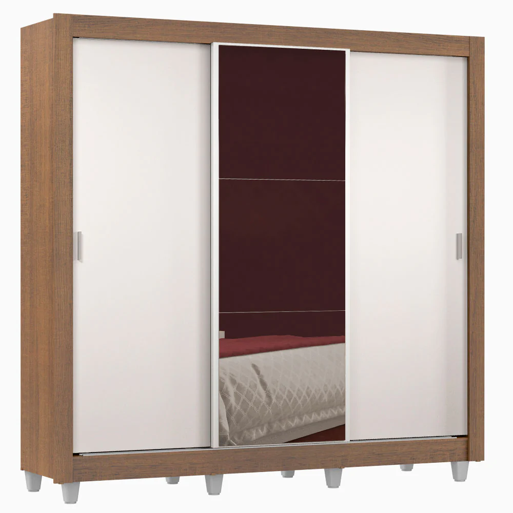 Guarda-Roupa Casal Madesa Lyon Plus 3 Portas de Correr com Espelho 4 Gavetas com Pés Rustic/Branco - Image 2
