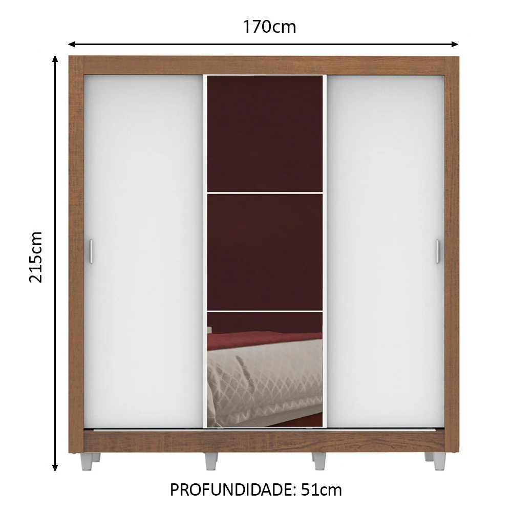 Guarda-Roupa Casal Madesa Lyon Plus 3 Portas de Correr com Espelho 4 Gavetas com Pés Rustic/Branco - Image 3