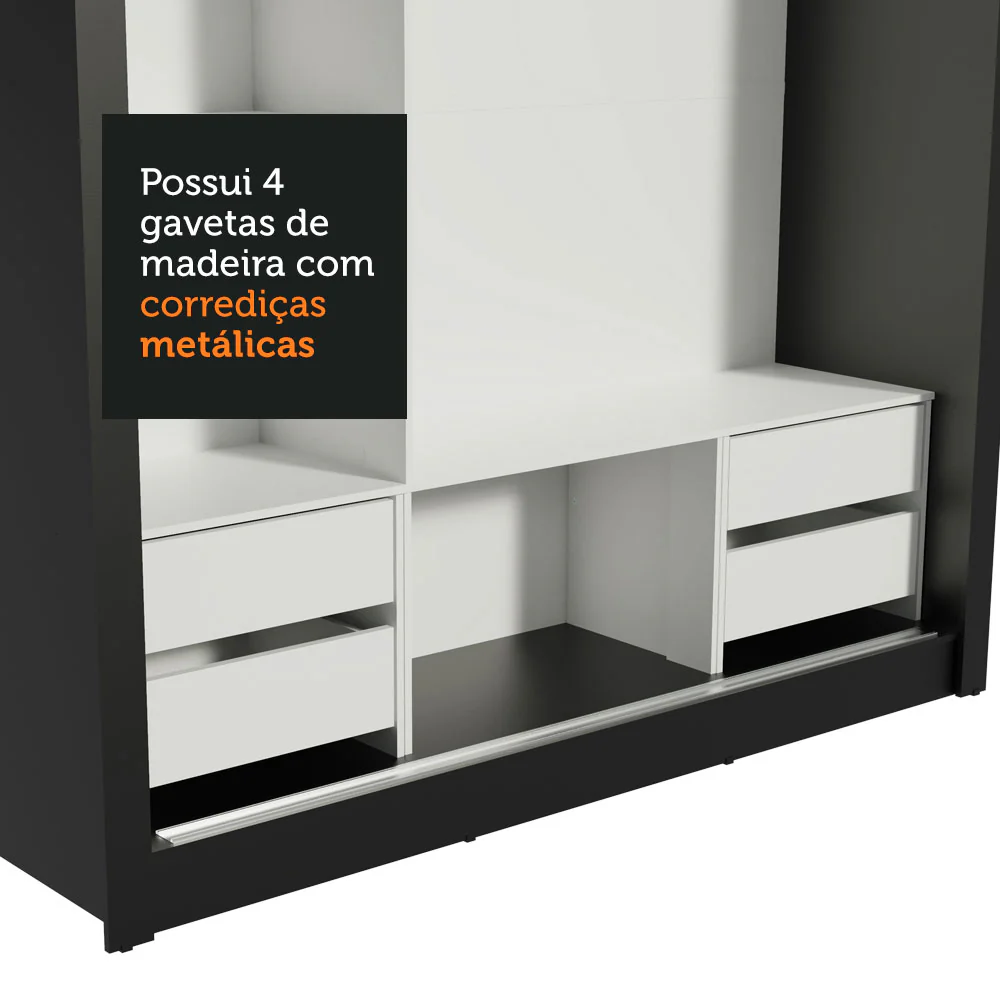 Guarda-Roupa Casal Madesa Lyon Plus 3 Portas de Correr com Espelho 4 Gavetas Preto/Branco - Image 9