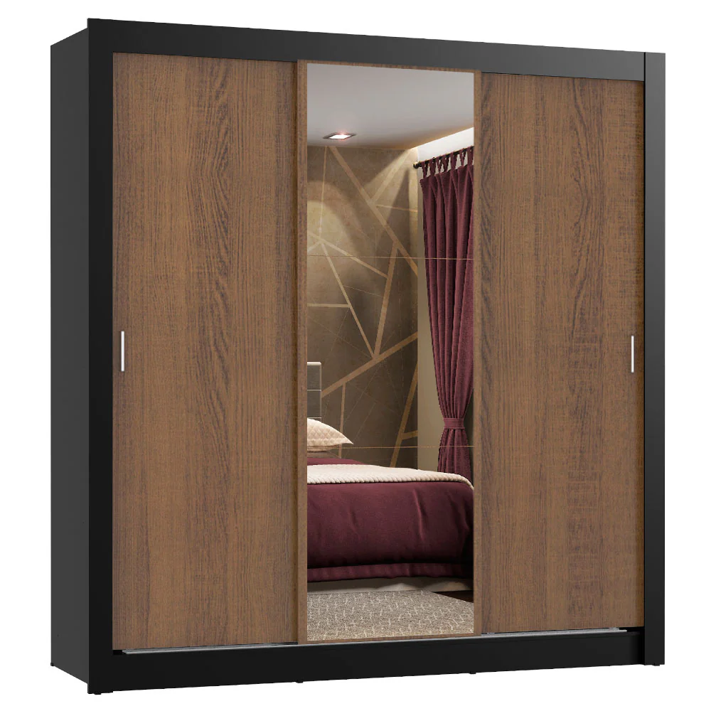 Guarda-Roupa Casal Madesa Lyon Plus 3 Portas de Correr com Espelho 4 Gavetas Preto/Rustic - Image 2