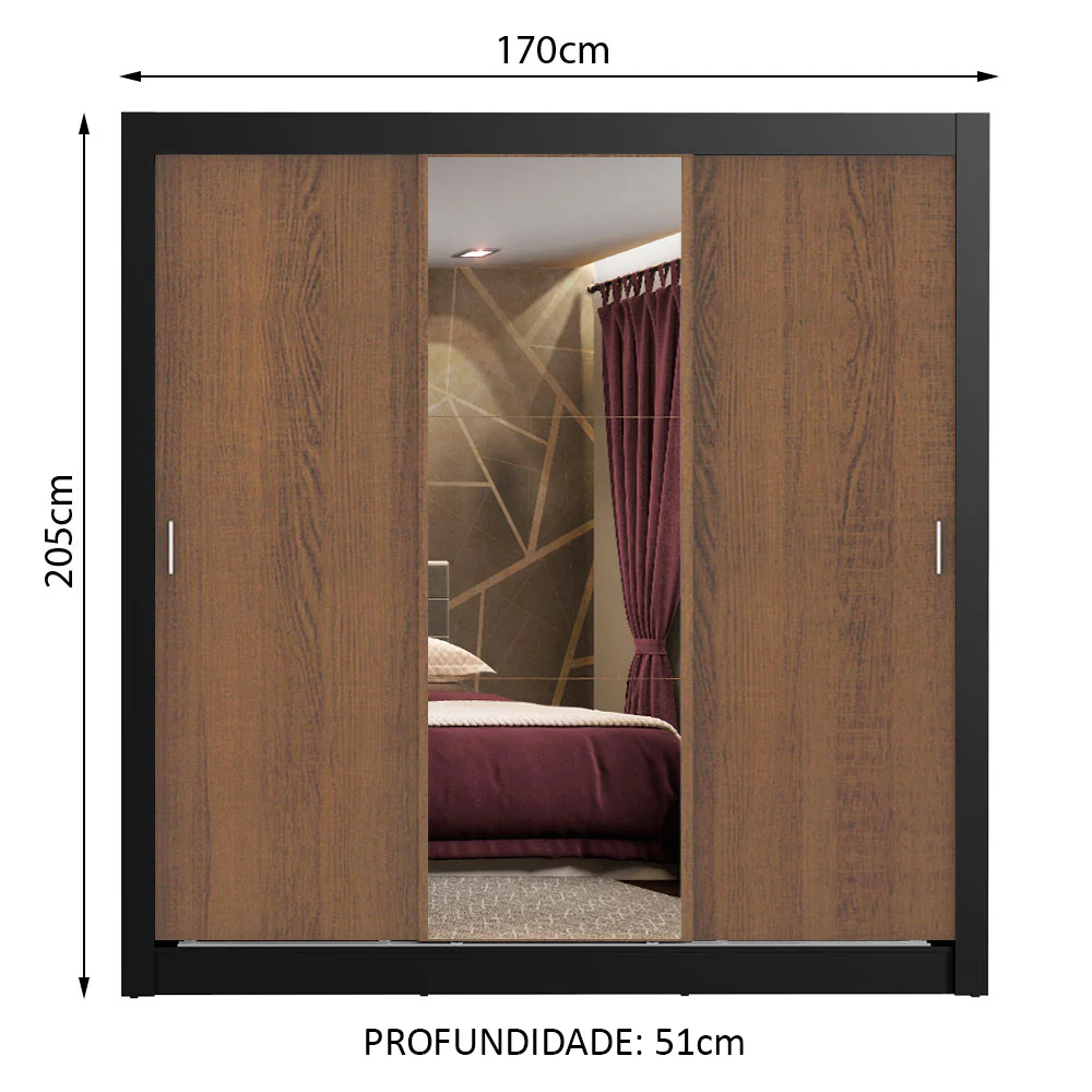 Guarda-Roupa Casal Madesa Lyon Plus 3 Portas de Correr com Espelho 4 Gavetas Preto/Rustic - Image 3
