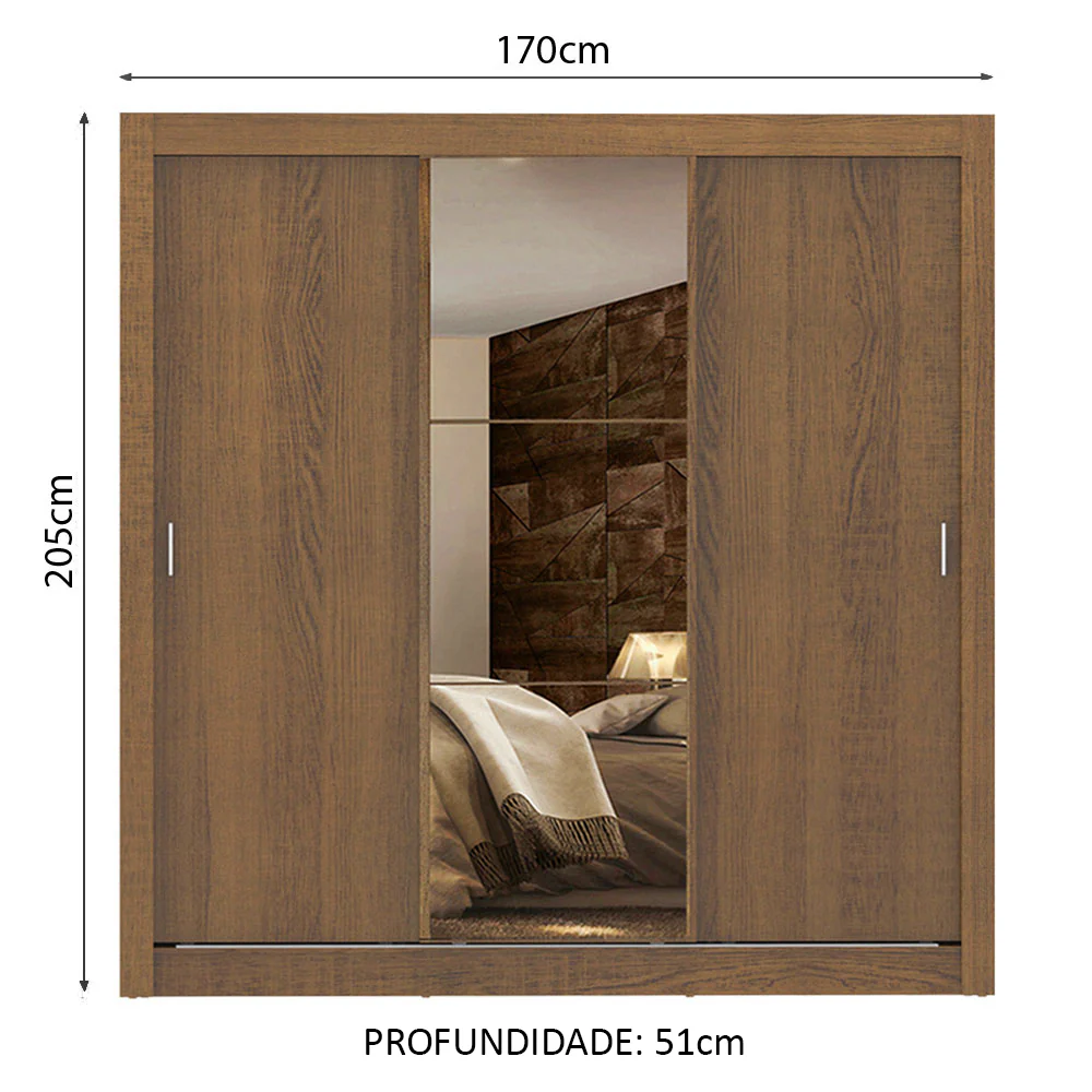 Guarda-Roupa Casal Madesa Lyon Plus 3 Portas de Correr com Espelho 4 Gavetas Rustic - Image 3