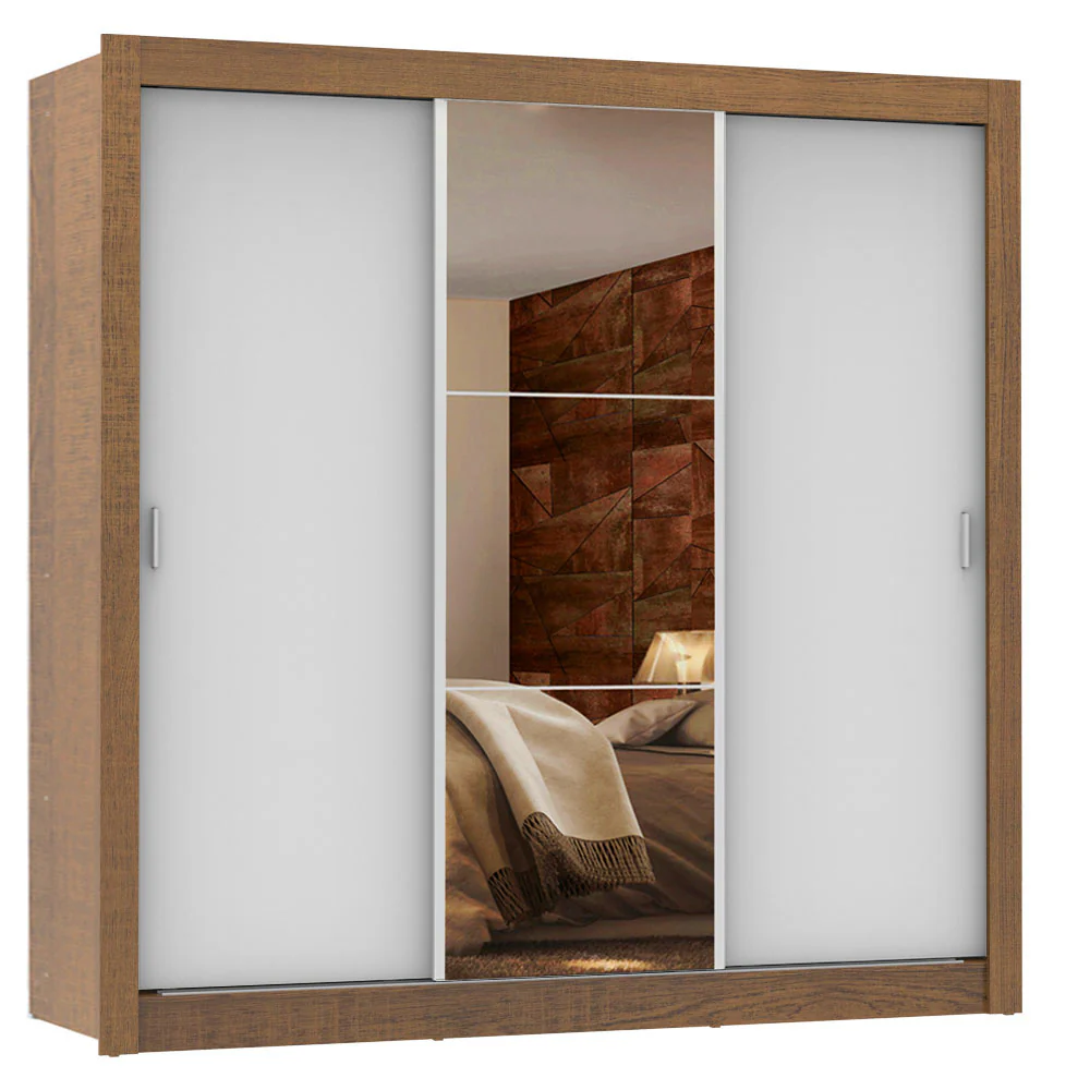 Guarda-Roupa Casal Madesa Lyon Plus 3 Portas de Correr com Espelho 4 Gavetas Rustic/Branco - Image 2