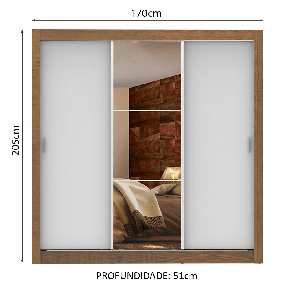 Guarda-Roupa Casal Madesa Lyon Plus 3 Portas de Correr com Espelho 4 Gavetas Rustic/Branco - Image 3