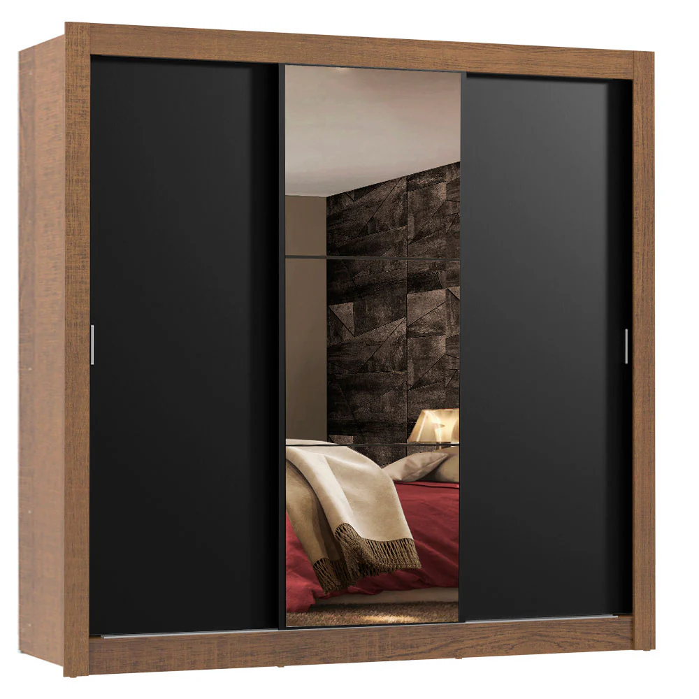 Guarda-Roupa Casal Madesa Lyon Plus 3 Portas de Correr com Espelho 4 Gavetas Rustic/Preto - Image 2