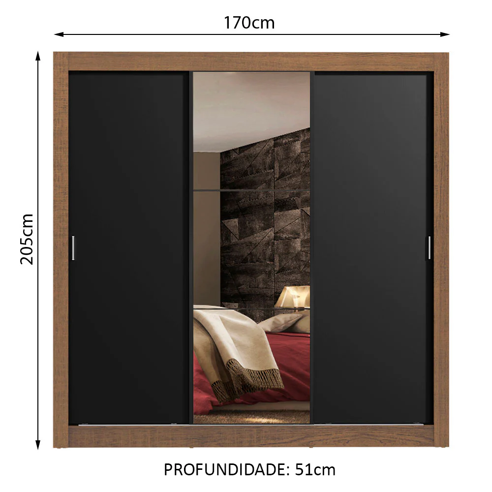 Guarda-Roupa Casal Madesa Lyon Plus 3 Portas de Correr com Espelho 4 Gavetas Rustic/Preto - Image 3
