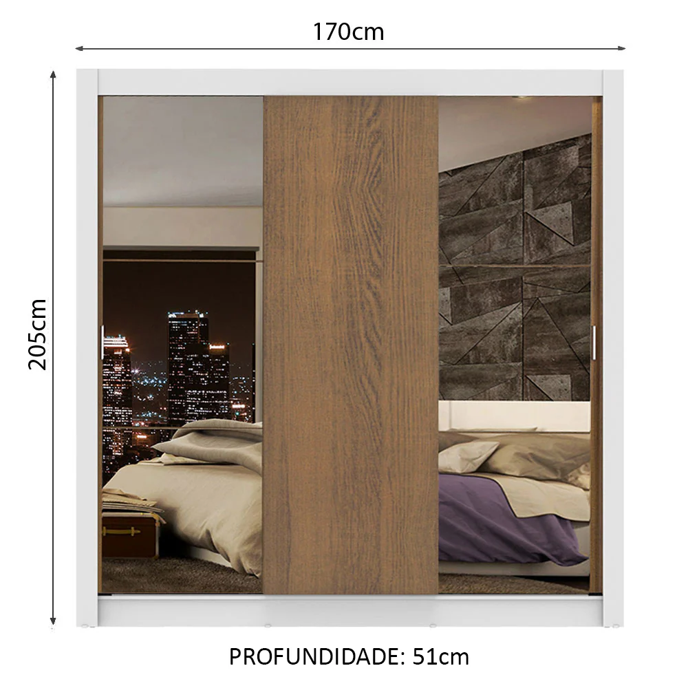 Guarda-Roupa Casal Madesa Lyon Plus 3 Portas de Correr com Espelhos 4 Gavetas Branco/Rustic - Image 3