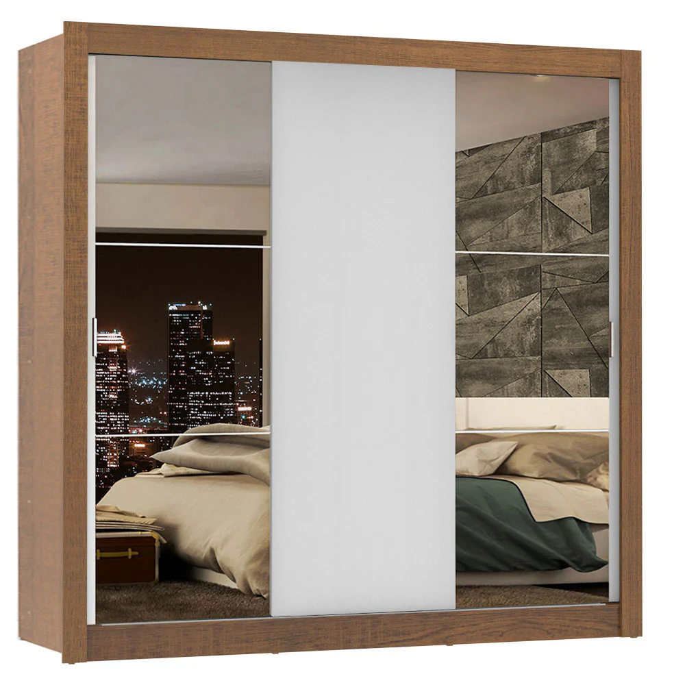 Guarda-Roupa Casal Madesa Lyon Plus 3 Portas de Correr com Espelhos 4 Gavetas Rustic/Branco - Image 2