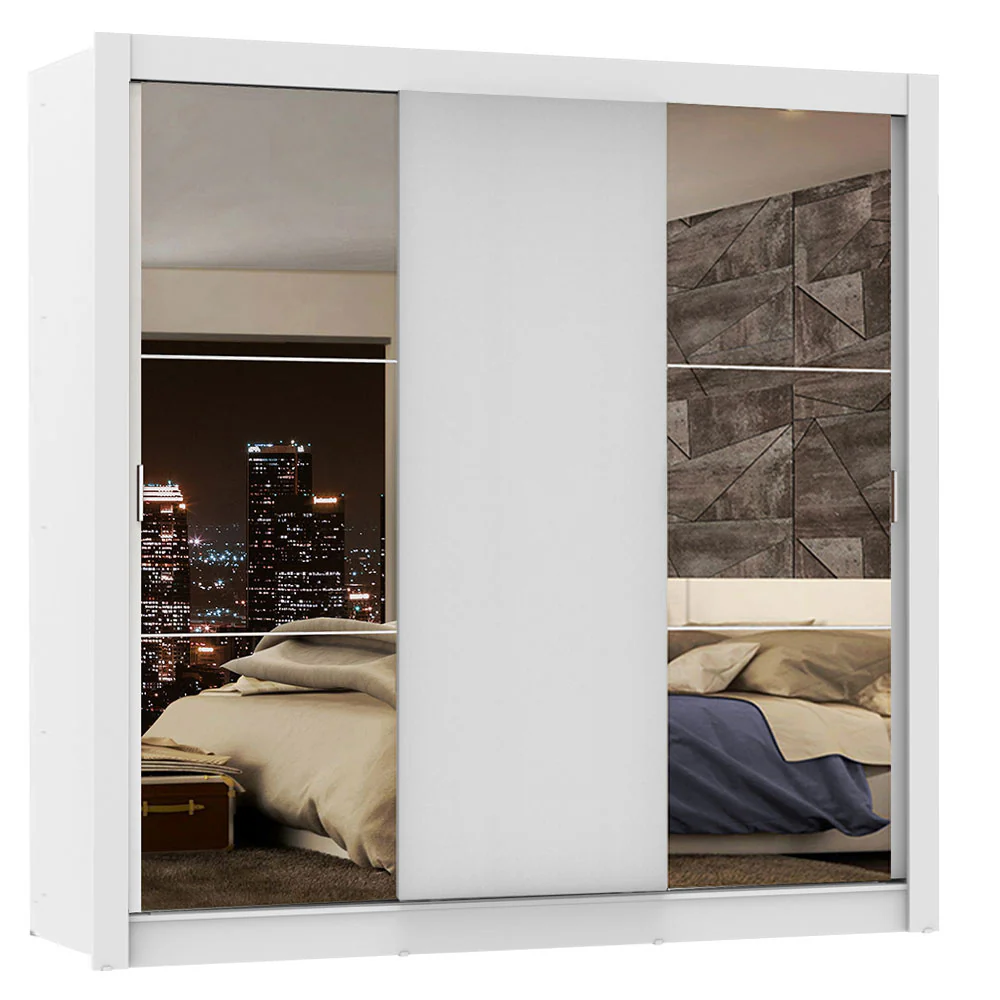 Guarda-Roupa Casal Madesa Lyon Plus 3 Portas de Correr com Espelhos 4 Gavetas Branco - Image 2