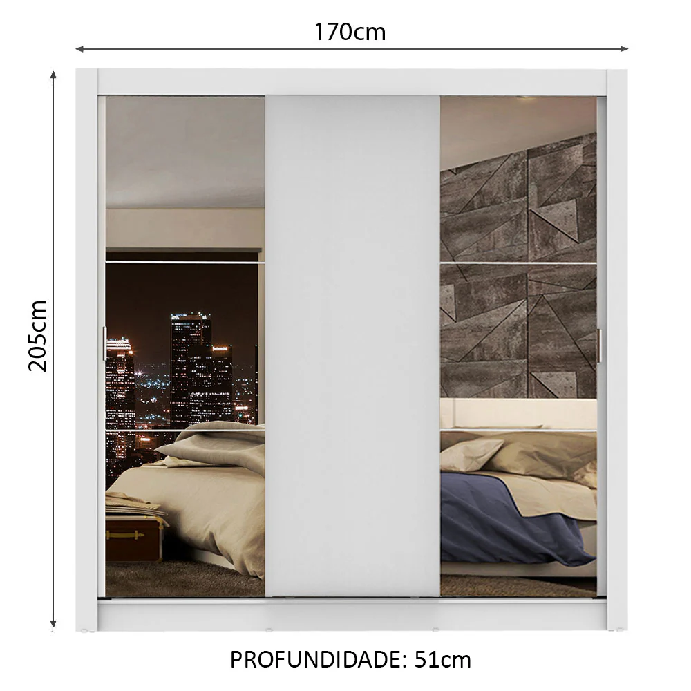 Guarda-Roupa Casal Madesa Lyon Plus 3 Portas de Correr com Espelhos 4 Gavetas Branco - Image 3