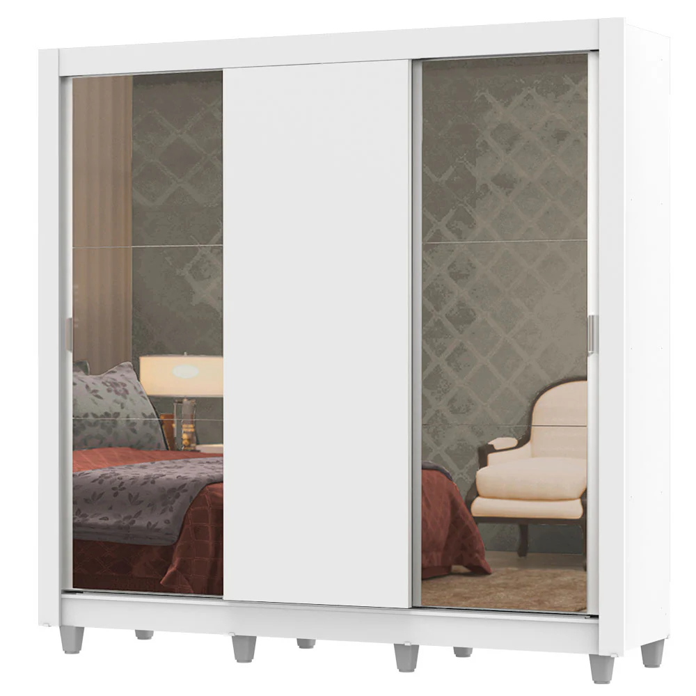 Guarda-Roupa Casal Madesa Lyon Plus 3 Portas de Correr com Espelhos 4 Gavetas com Pés Branco - Image 2