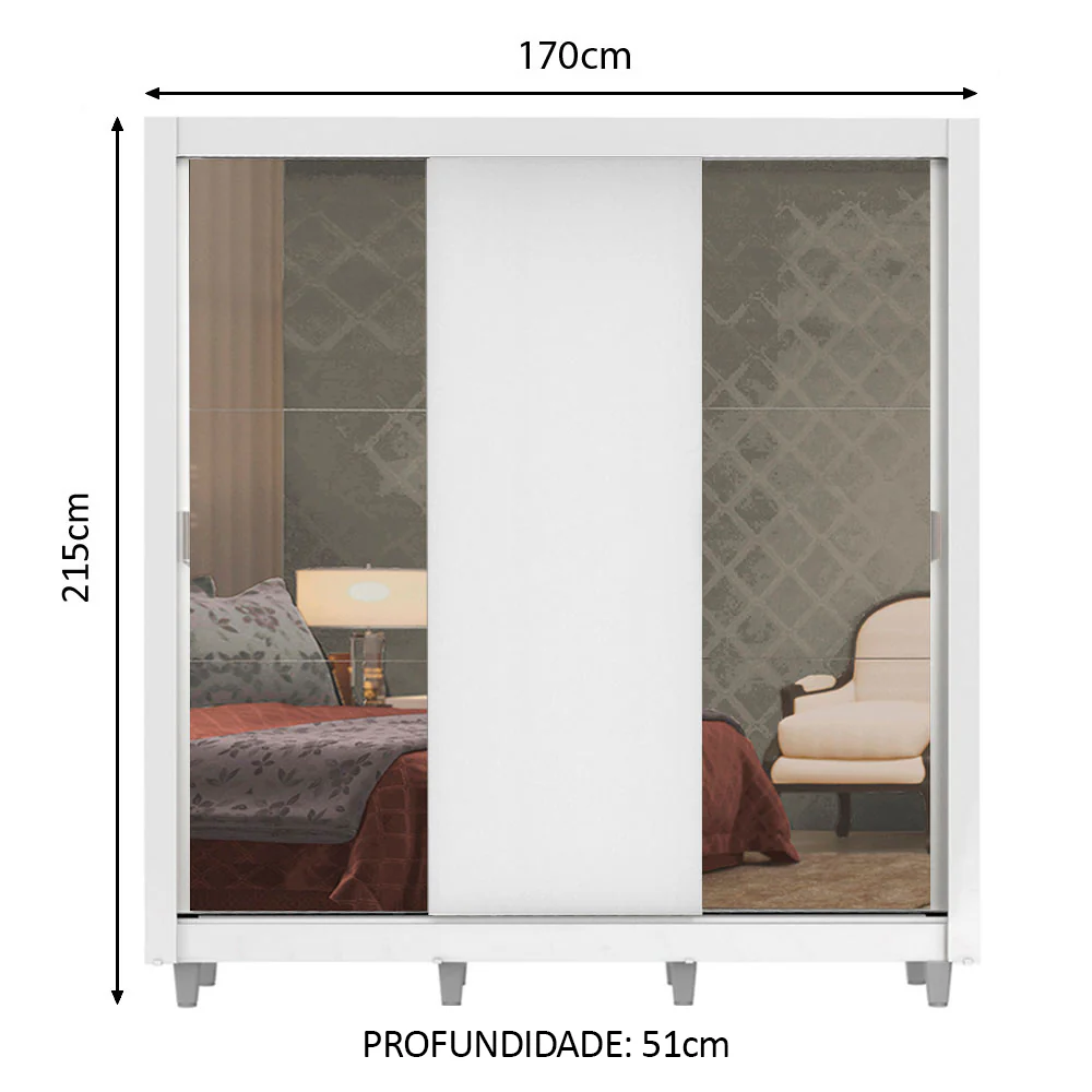 Guarda-Roupa Casal Madesa Lyon Plus 3 Portas de Correr com Espelhos 4 Gavetas com Pés Branco - Image 3