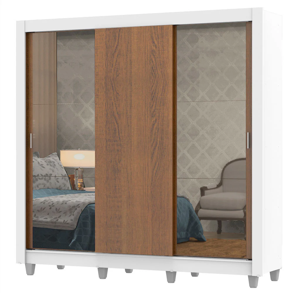Guarda-Roupa Casal Madesa Lyon Plus 3 Portas de Correr com Espelhos 4 Gavetas com Pés Branco/Rustic - Image 2