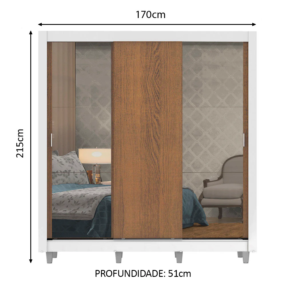 Guarda-Roupa Casal Madesa Lyon Plus 3 Portas de Correr com Espelhos 4 Gavetas com Pés Branco/Rustic - Image 3