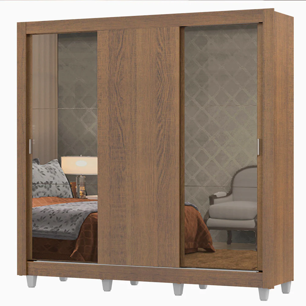 Guarda-Roupa Casal Madesa Lyon Plus 3 Portas de Correr com Espelhos 4 Gavetas com Pés Rustic - Image 2