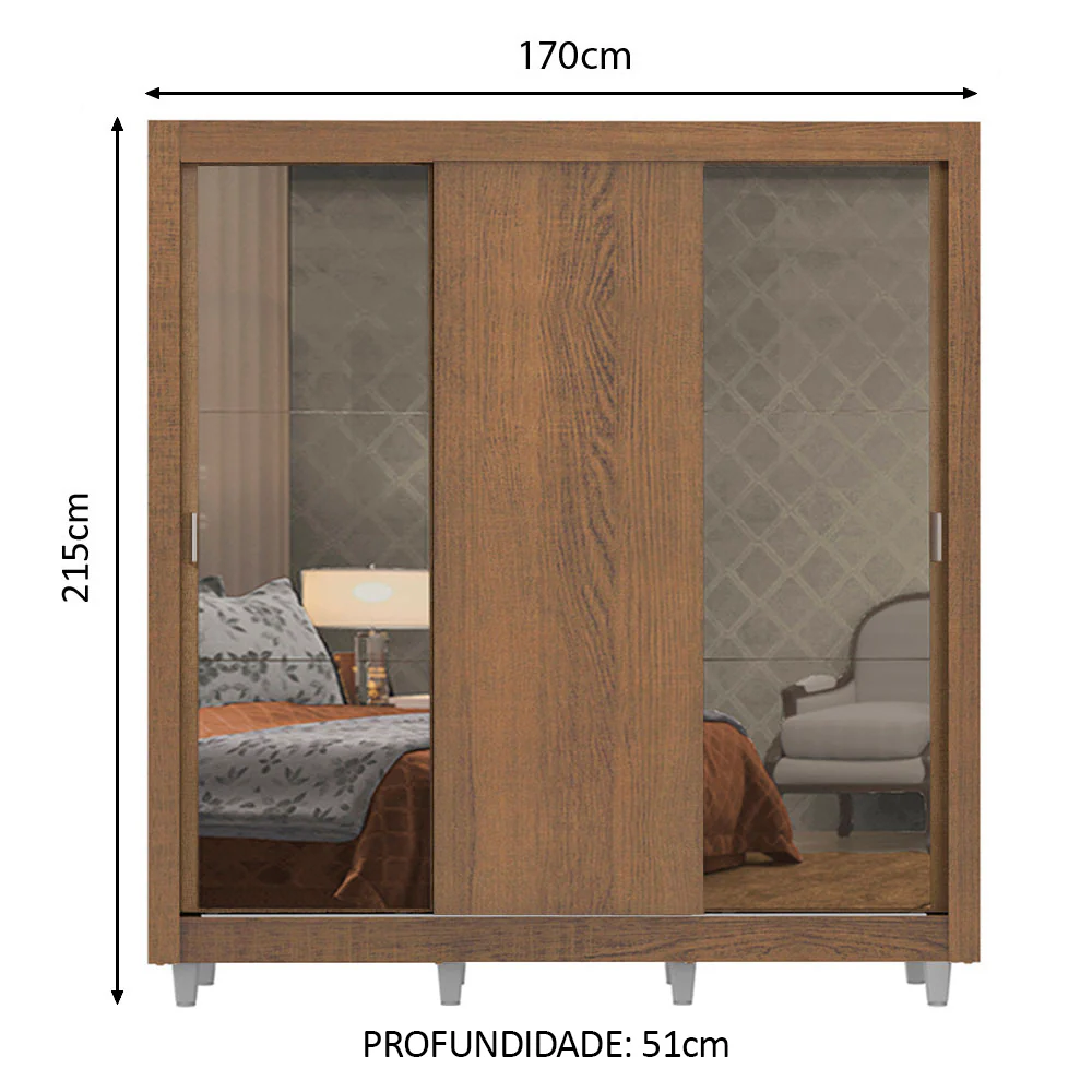 Guarda-Roupa Casal Madesa Lyon Plus 3 Portas de Correr com Espelhos 4 Gavetas com Pés Rustic - Image 3