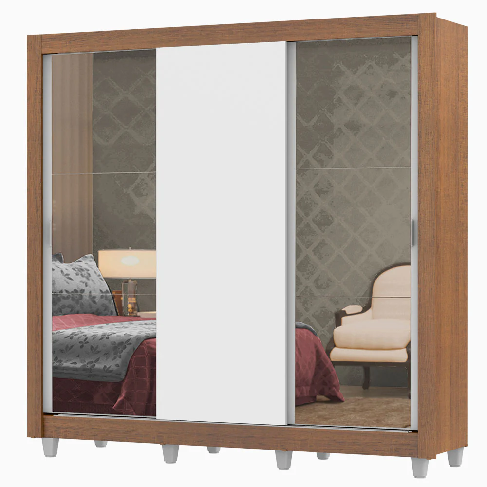 Guarda-Roupa Casal Madesa Lyon Plus 3 Portas de Correr com Espelhos 4 Gavetas com Pés Rustic/Branco - Image 2
