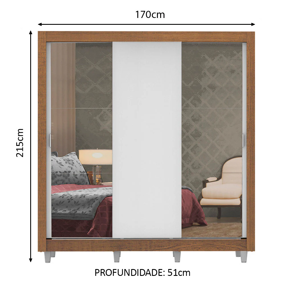 Guarda-Roupa Casal Madesa Lyon Plus 3 Portas de Correr com Espelhos 4 Gavetas com Pés Rustic/Branco - Image 3