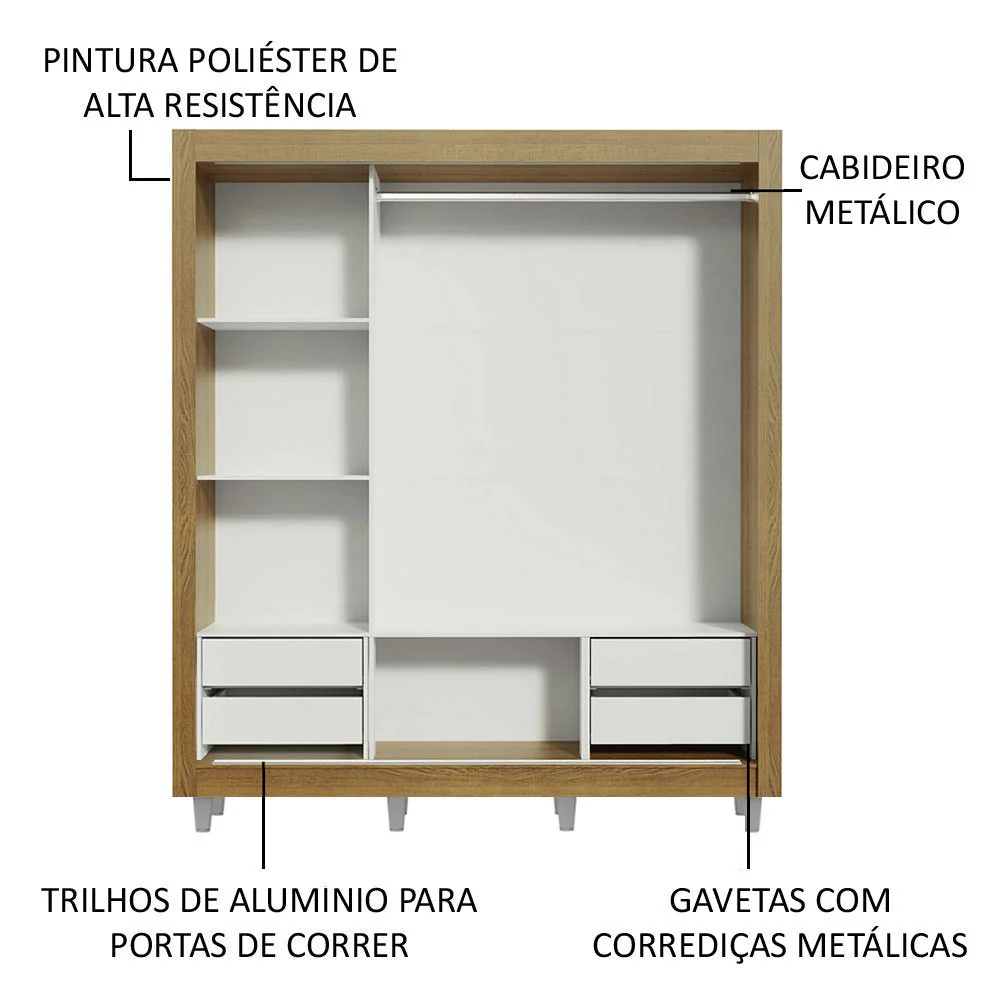 Guarda-Roupa Casal Madesa Lyon Plus 3 Portas de Correr com Espelhos 4 Gavetas com Pés Rustic/Branco - Image 5
