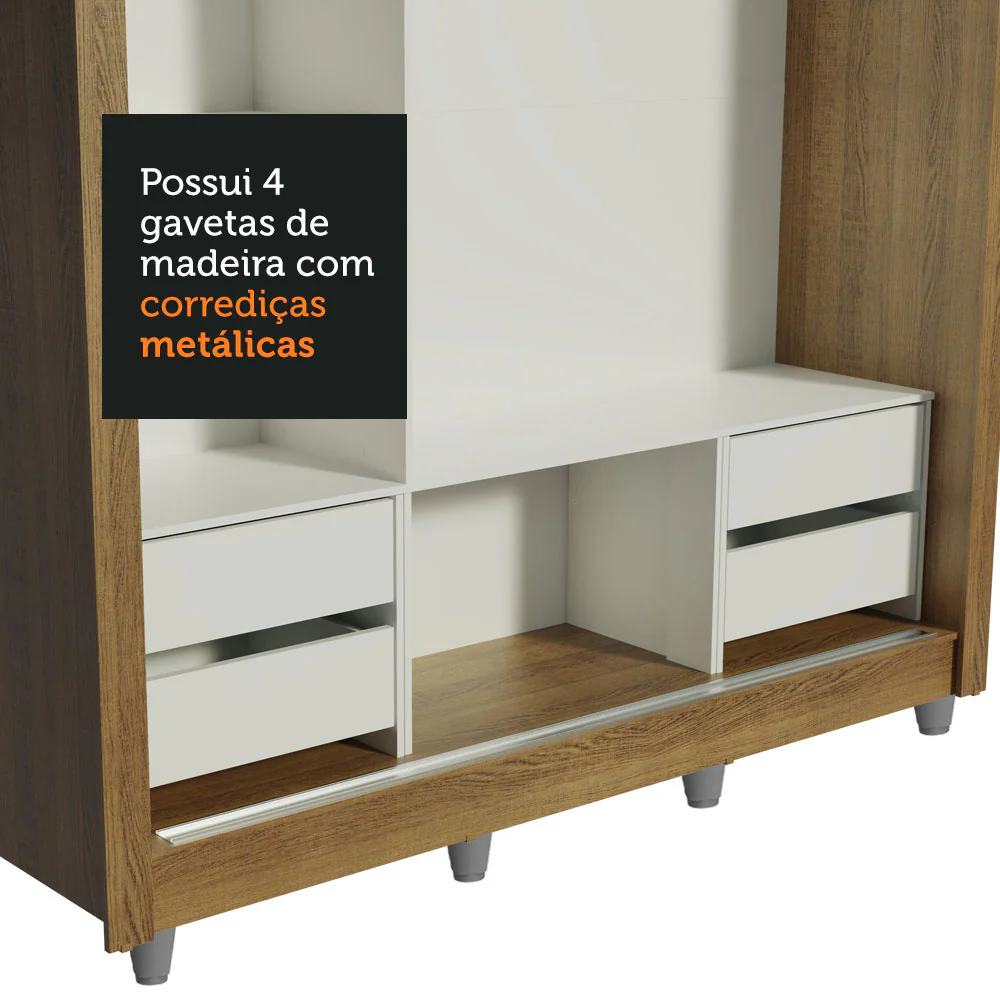 Guarda-Roupa Casal Madesa Lyon Plus 3 Portas de Correr com Espelhos 4 Gavetas com Pés Rustic/Branco - Image 8