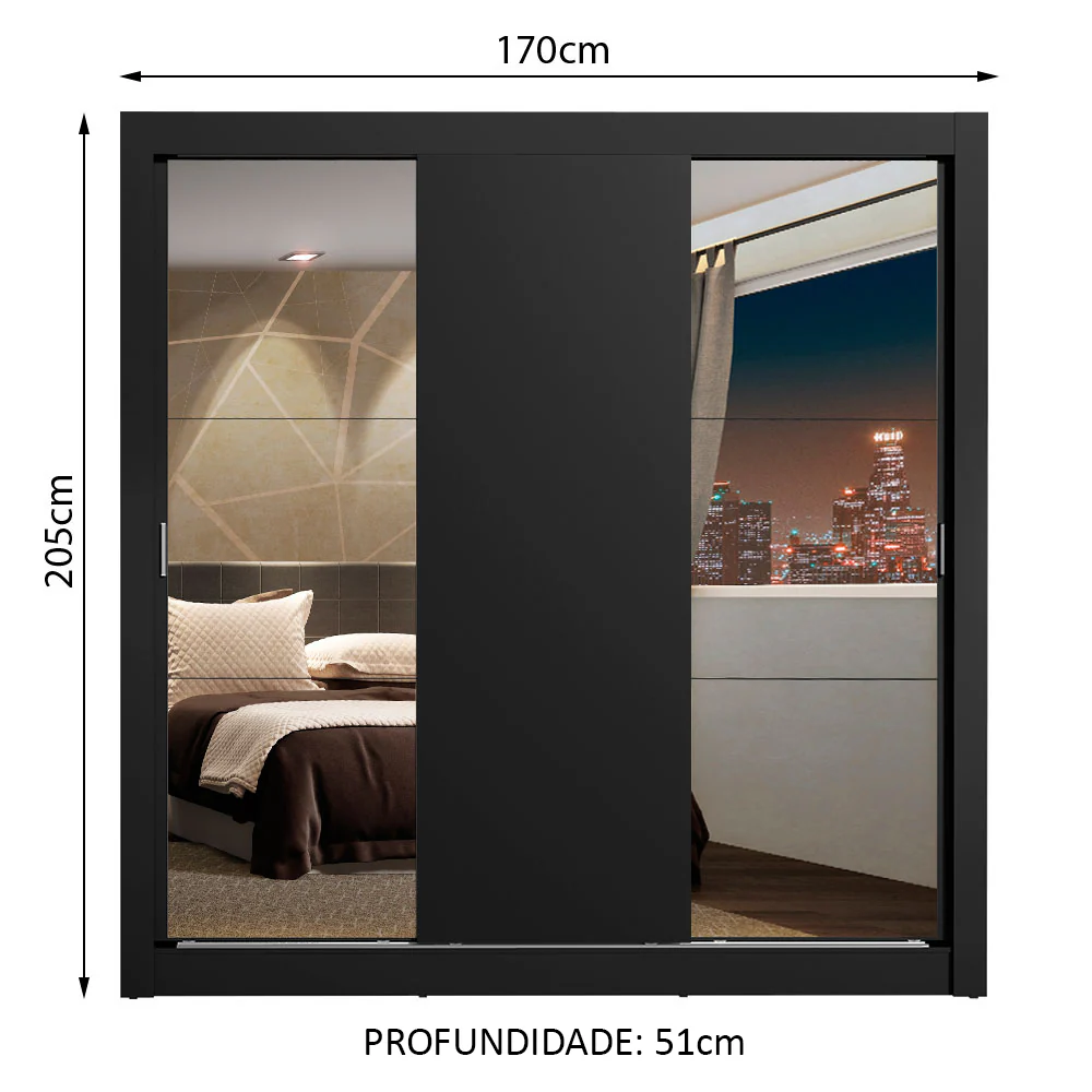 Guarda-Roupa Casal Madesa Lyon Plus 3 Portas de Correr com Espelhos 4 Gavetas Preto - Image 3