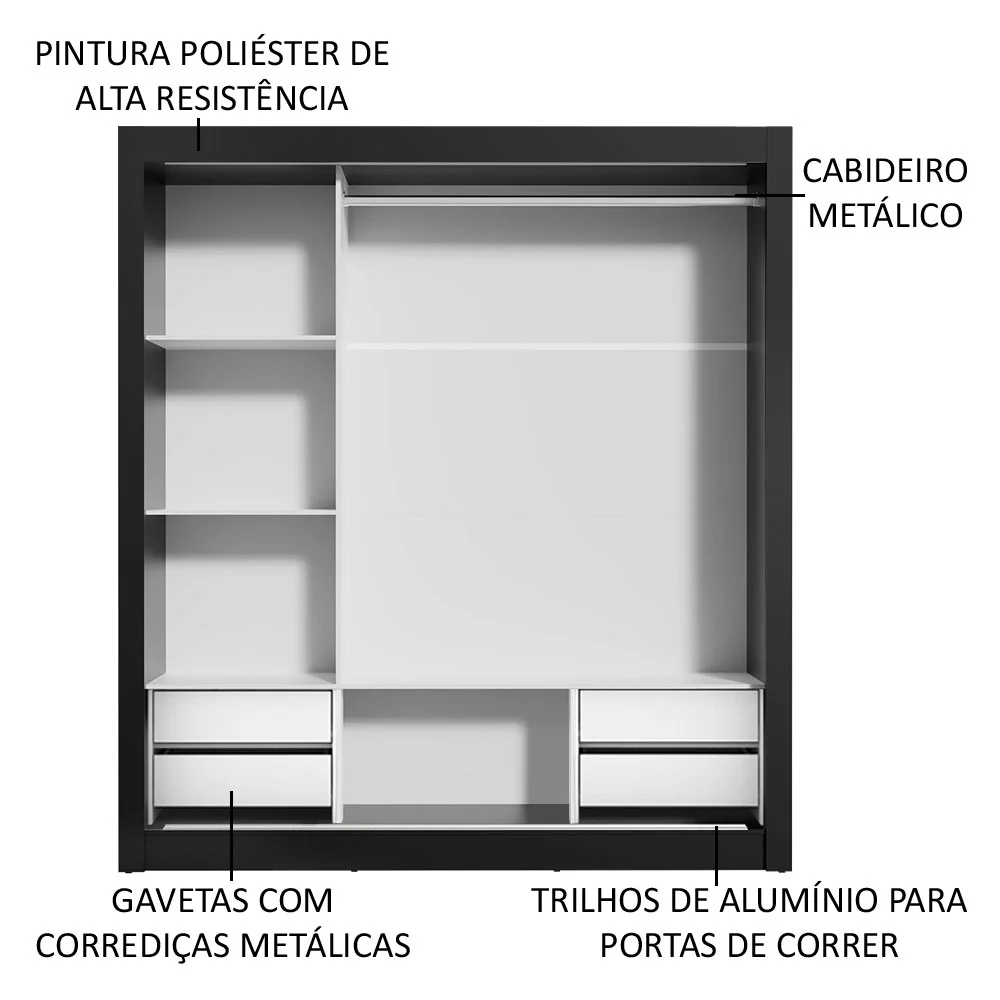 Guarda-Roupa Casal Madesa Lyon Plus 3 Portas de Correr com Espelhos 4 Gavetas Preto - Image 6