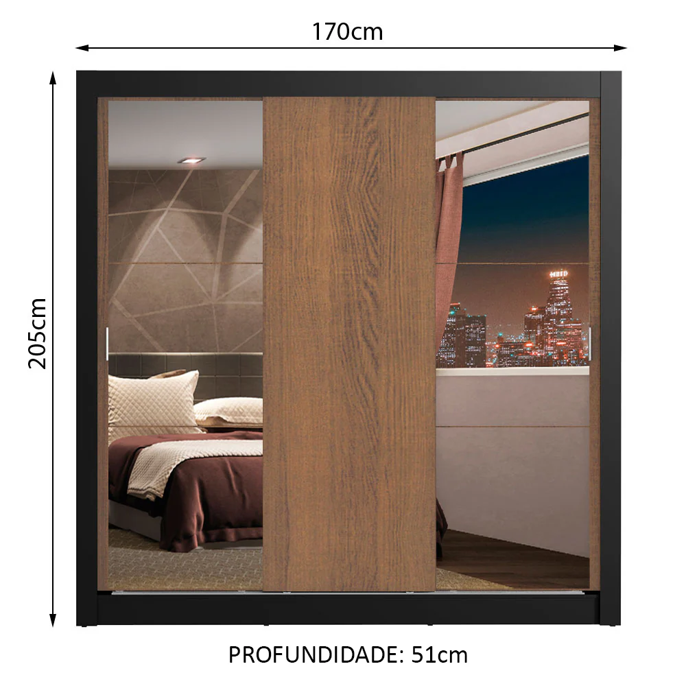 Guarda-Roupa Casal Madesa Lyon Plus 3 Portas de Correr com Espelhos 4 Gavetas Preto/Rustic - Image 3
