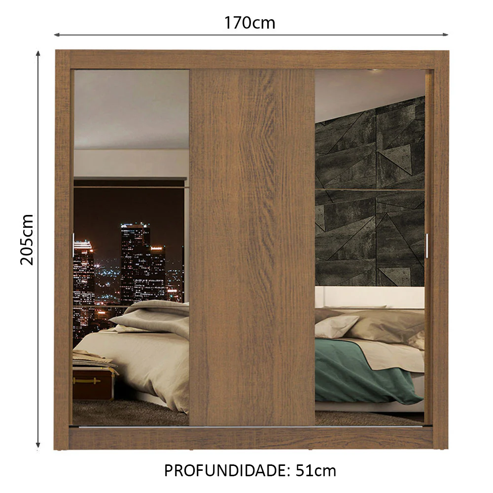 Guarda-Roupa Casal Madesa Lyon Plus 3 Portas de Correr com Espelhos 4 Gavetas Rustic - Image 3