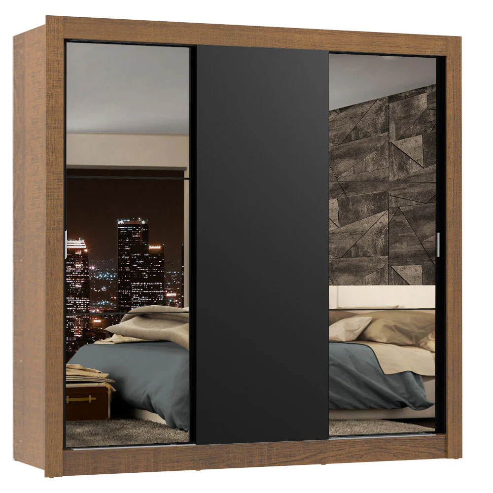 Guarda-Roupa Casal Madesa Lyon Plus 3 Portas de Correr com Espelhos 4 Gavetas Rustic/Preto - Image 2