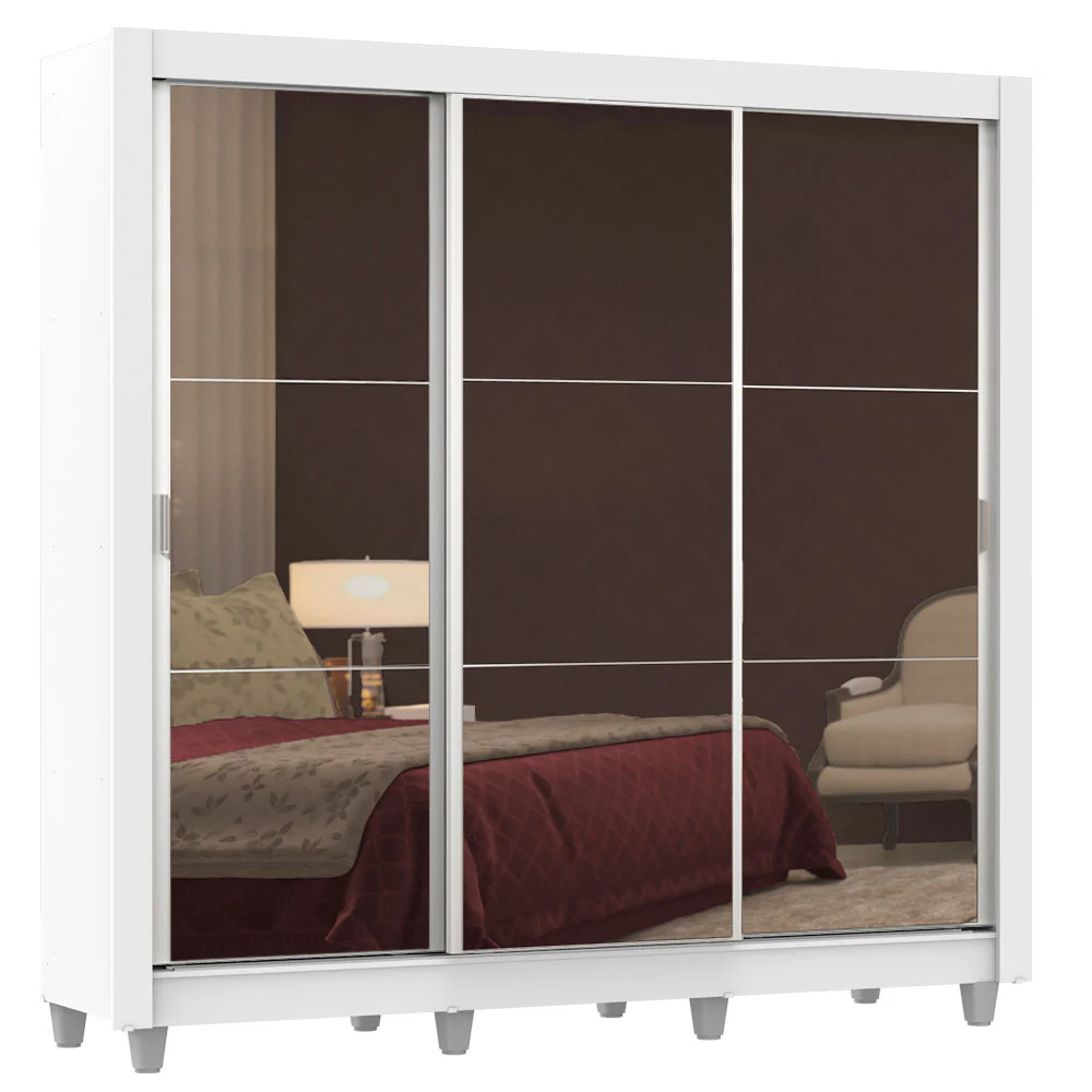 Guarda-Roupa Casal Madesa Lyon Plus 3 Portas de Correr de Espelho 4 Gavetas com Pés Branco - Image 2