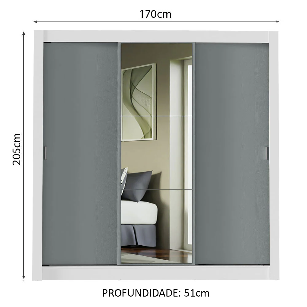 Guarda-Roupa Casal Madesa Mônaco 3 Portas de Correr com Espelho Branco/Cinza - Image 3