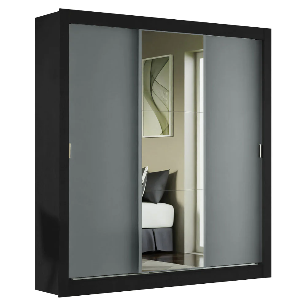 Guarda-Roupa Casal Madesa Mônaco 3 Portas de Correr com Espelho Preto/Cinza - Image 2