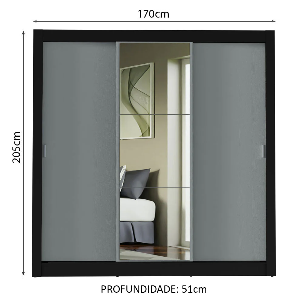 Guarda-Roupa Casal Madesa Mônaco 3 Portas de Correr com Espelho Preto/Cinza - Image 3