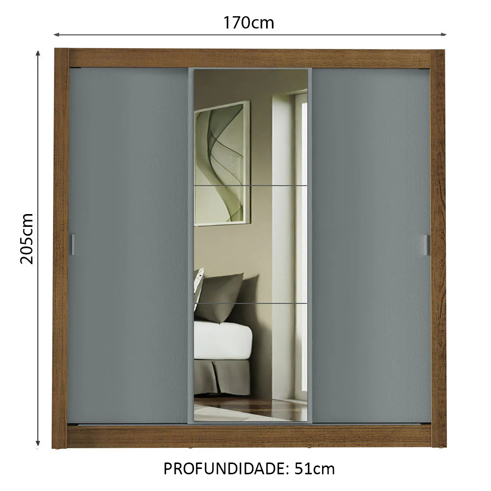 Guarda-Roupa Casal Madesa Mônaco 3 Portas de Correr com Espelho Rustic/Cinza - Image 3