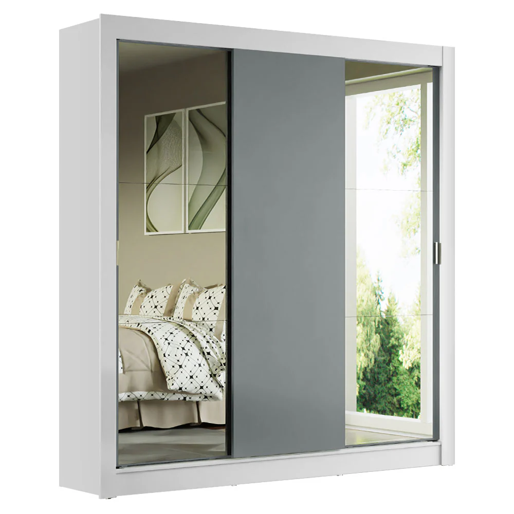 Guarda-Roupa Casal Madesa Mônaco 3 Portas de Correr com Espelhos Branco/Cinza - Image 2