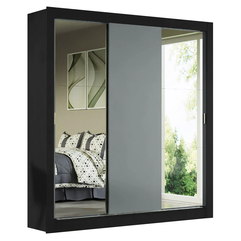 Guarda-Roupa Casal Madesa Mônaco 3 Portas de Correr com Espelhos Preto/Cinza - Image 2